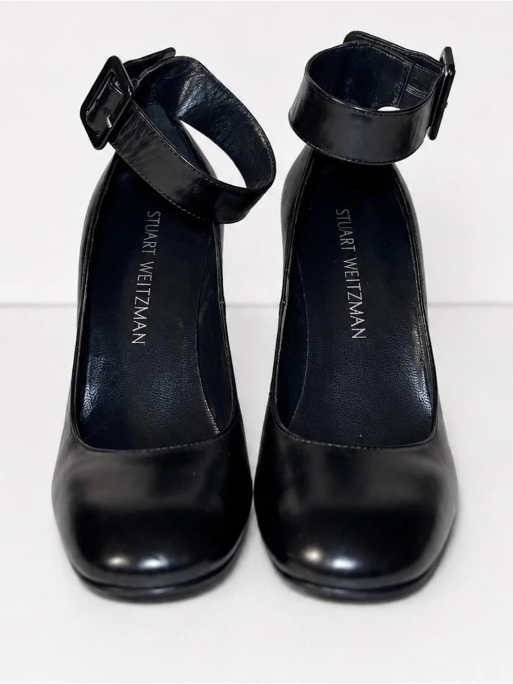 Stuart Weitzman Clarisa Black Leather Block Heel Pump Ankle-Strap Size 6